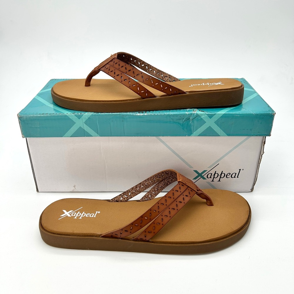 Womens Flip Flop Sandals Xappeal Wylie Size 7 Brown Faux Leather Cushioned NEW